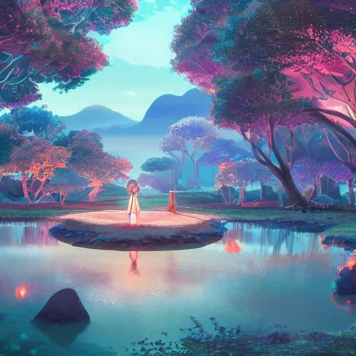 Prompt: the aesthetic view of the beautiful, grand, wistful, dreamy lonely island at dusk, hyperrealistic anime illustration by iralki nadar, colorful, extremely detailed, intricate linework, super sharp focus, bright colors, octopath traveler, studio ghibli, unreal engine 5 highly rendered, global illumination, radiant light, detailed and intricate environment