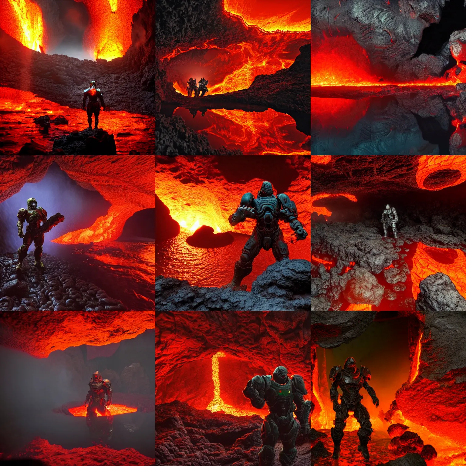 Prompt: a doom slayer emerges from the lava lake, cave background, high detail, lava reflections, cave reflecting in the lava lake, dramatic shot