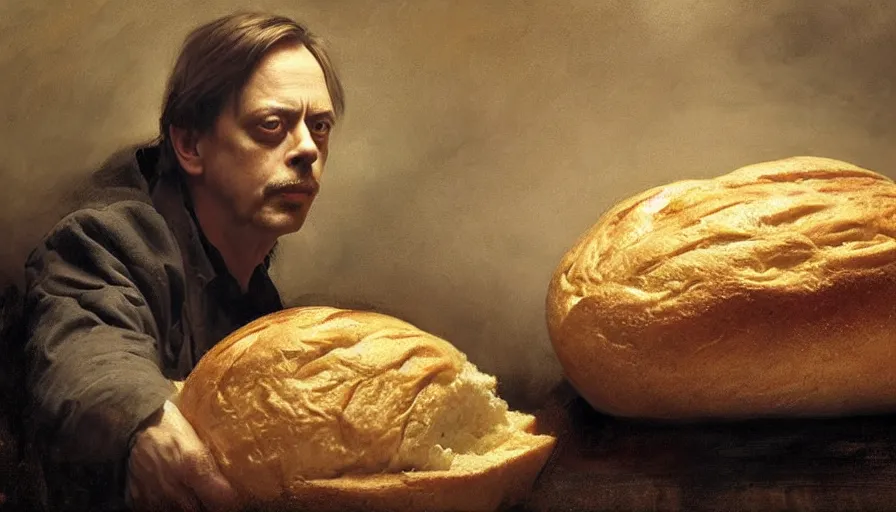 Prompt: beautiful portrait of steve buscemi in a loaf of bread, art by anders zorn, wonderful masterpiece by greg rutkowski, beautiful cinematic light, american romanticism thomas lawrence, greg rutkowski