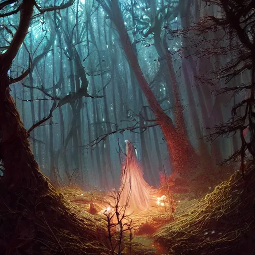 Image similar to highly detailed creepy forest mother mage, stephen bliss, unreal engine, fantasy art by greg rutkowski, loish, rhads, ferdinand knab, makoto shinkai and lois van baarle, ilya kuvshinov, rossdraws, tom bagshaw, global illumination, radiant light, detailed and intricate environment