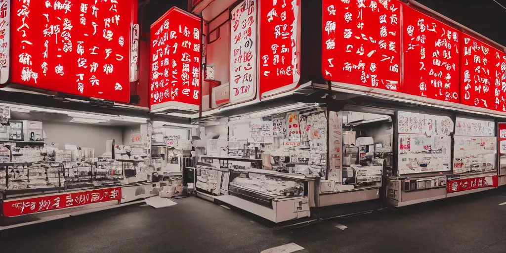 Prompt: interior of a japanese convenient store after midnight, large windows with a view of a parking lot, grey interior, low lights, red glow of japanese neon signs, kitchen in the background, desolate, cinematic, 8 k