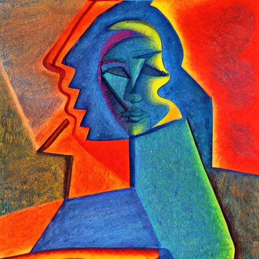 Prompt: woman travels the ancient roads that are rivers of this land, abstract art in the style of cubism and georgia o keefe,