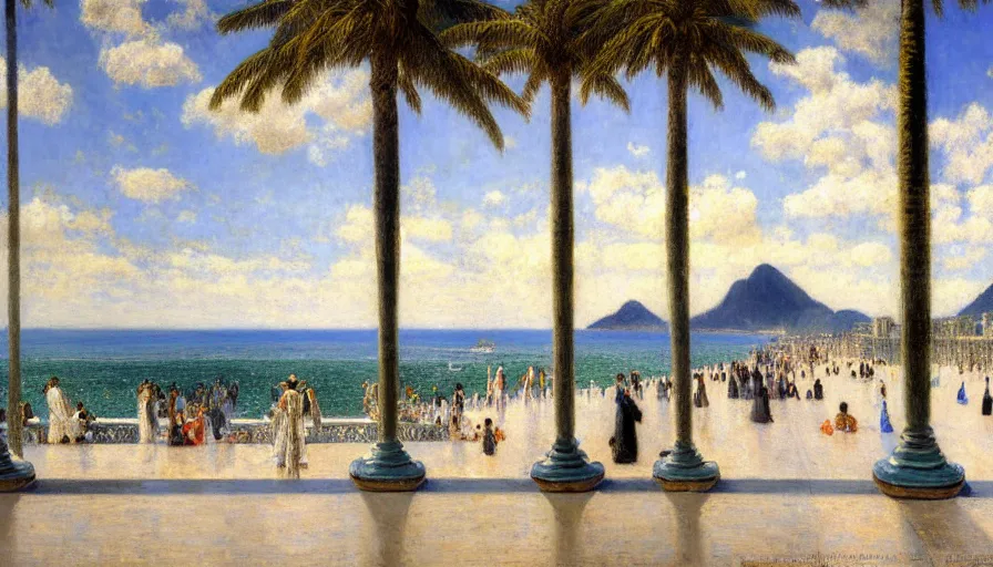Image similar to a ultradetailed beautiful painting of the thunder sky of the rio de janeiro palace balustrade designed by jules bastien - lepage, tarsila do amaral, frank weston and gustave baumann, beach, trending on artstation, mediterranean, palm trees, sharp focus, giant greek columns, soft light, 8 k 4 k