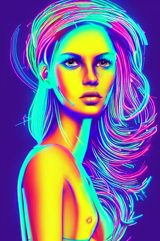 Image similar to a award winning half body portrait of a beautiful woman with stunning eyes in a croptop and cargo pants with smoky hair in rainbow colors, outlined by whirling illuminated neon lines, outrun, vaporware, shaded flat illustration, digital art, trending on artstation, highly detailed, fine detail, intricate