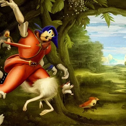 Prompt: renaissance painting sonic the hedgehog going fast through forest with excited birds flying behind, realistic, oil paint, green forest