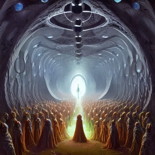 Image similar to a quantum computer surrounded by a dark cabal of multiple hooded elven mystics in long dark robes gathered in a circular formation, dan seagrave art, michael whelan, artstation, cgsociety, epic scifi fantasy art