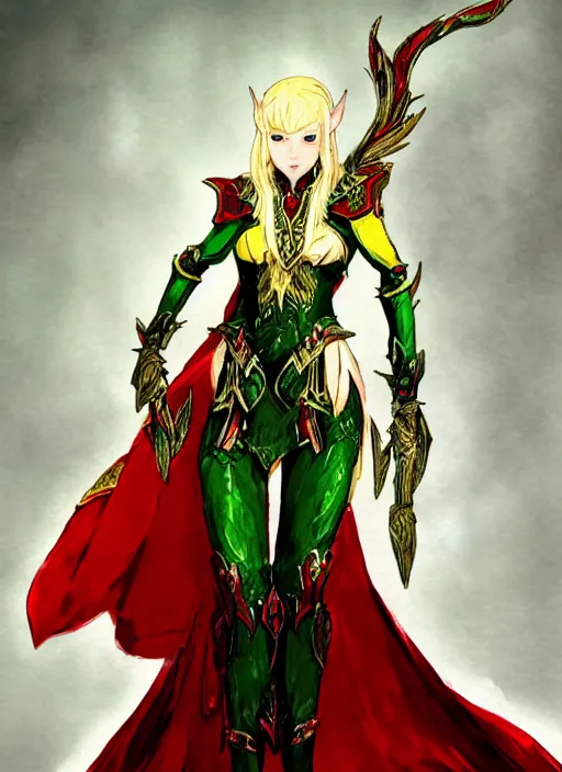 Image similar to Full body portrait of a beautiful young blonde short haired elven princess wearing red, green and gold armour robe. In style of Yoji Shinkawa and Hyung-tae Kim, trending on ArtStation, dark fantasy, great composition, concept art, highly detailed.