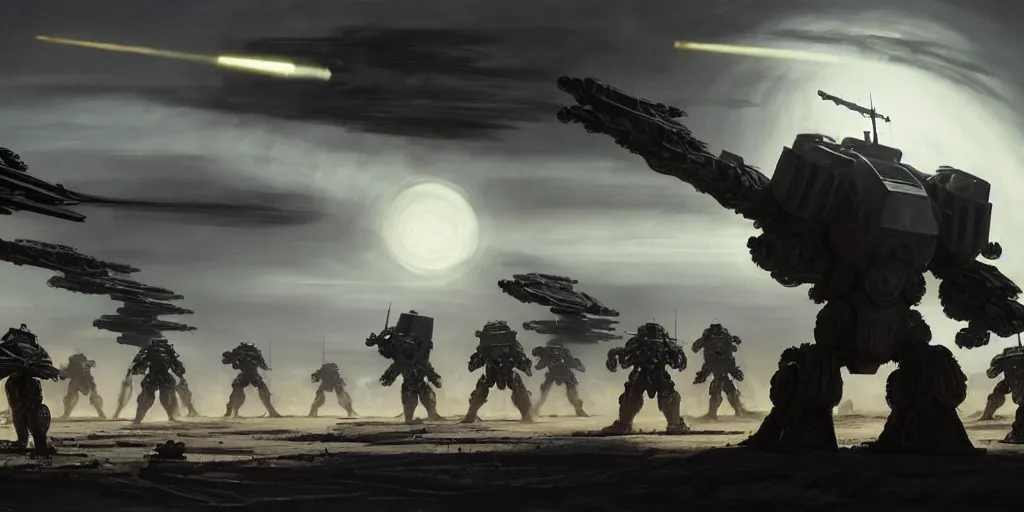 Prompt: hyper realistic sci - fi matte concept art painting of epic cinematic battle between a variety of mechwarriors and soldiers fighting on mercury with solar panels in background, guns, brightly lit!, beautiful details, strong composition painted by kim jung guweta studio rutkowski, james gurney and greg rutkowski, and lucasfilm, smooth, intricate, detailed, sharp focus, cinematic