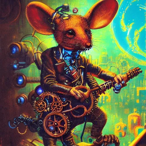 Image similar to steampunk rat, acid, 303, psychedelic, by paul lehr