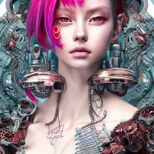 Image similar to the portrait of an absurdly beautiful, graceful, elegant, sophisticated, fashionable cyberpunk gravure idol, an ultrafine hyperdetailed illustration by kim jung gi, irakli nadar, intricate linework, bright colors, porcelain skin, unreal engine 5 highly rendered, global illumination, radiant light, detailed and intricate environment