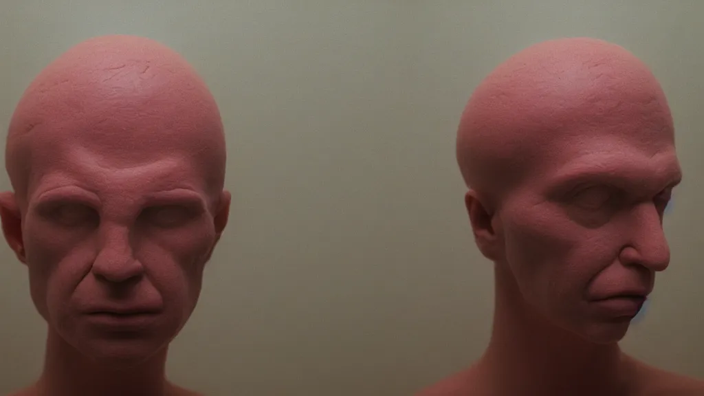 Prompt: the giant human head made of wax in our bathroom, film still from the movie directed by Wes Anderson with art direction by Zdzisław Beksiński, wide lens