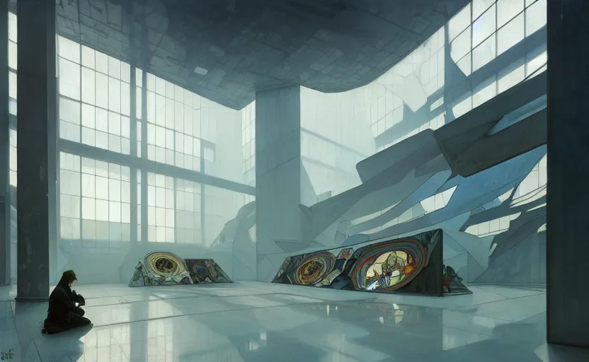 Prompt: painting of interior shot of a white concerete brutalist contemporary art museum by darek zabrocki and greg ruthkowski, alphonse mucha, simon stalenhag and cinematic and blue cold atmospheric, archillect concept art, artstation, trending on artstation