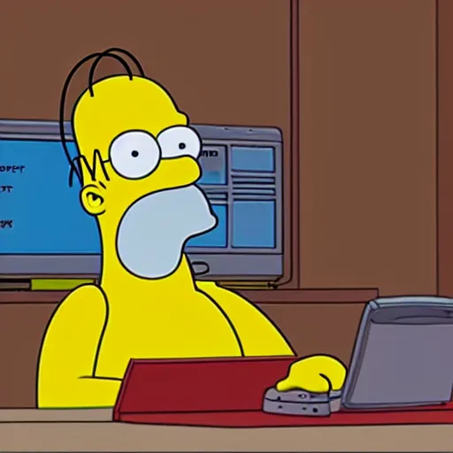 Prompt: homer simpson is sitting at a desk with a computer screen that is showing an episode of the simpsons