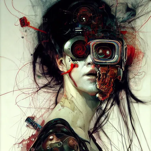 Image similar to woman cyberpunk hacker dream thief, wires cybernetic implants, skulls in the style of adrian ghenie, esao andrews, jenny saville,, surrealism, dark art by james jean, takato yamamoto