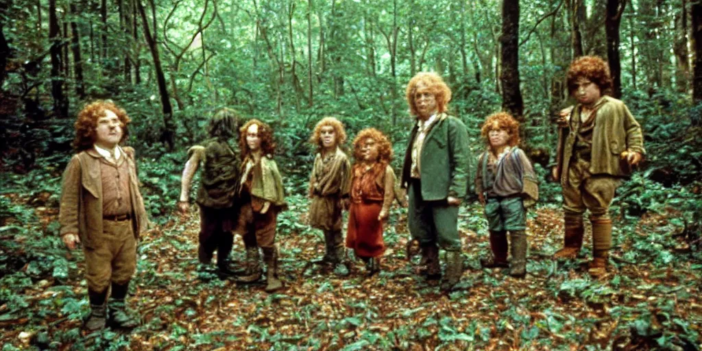 Image similar to A full color still from a Stanley Kubrick film featuring four hobbits in a forest, 35mm, 1975