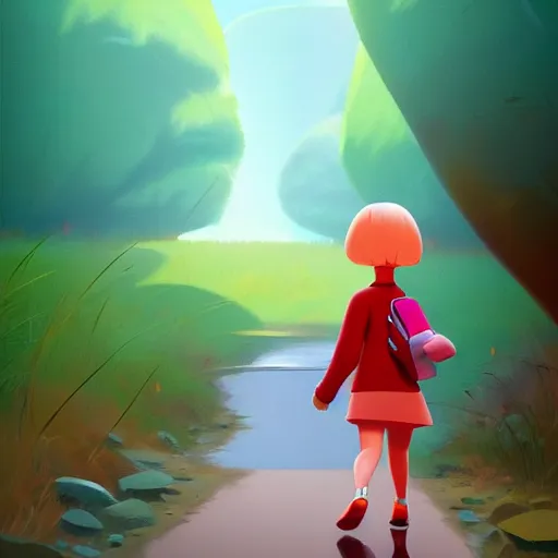 Image similar to goro fujita ilustration dora the explorer with short blonde hair and a long red outfit, walking next to a river in the forest, painting by goro fujita, sharp focus, highly detailed, artstation