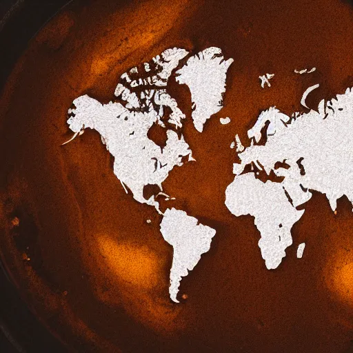 Prompt: Photo of the world map drawn in a cup of coffee, award-winning, golden hour, moody, epic, lightning, 85mm, camera, amazing, talent