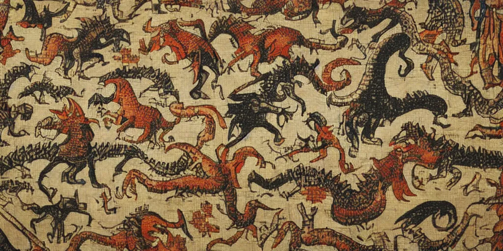 Prompt: Monster Hunter in medieval tapestry, historic