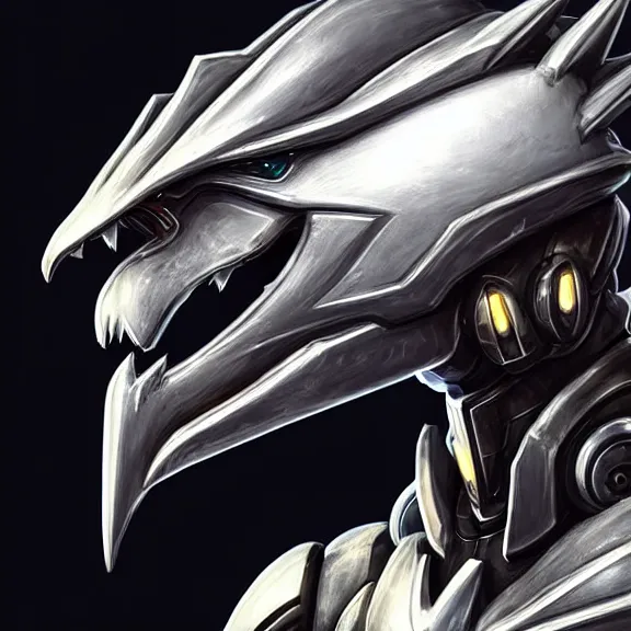 Image similar to high quality close up headshot of a cute beautiful stunning robot anthropomorphic female dragon, with sleek silver armor, a black OLED visor over the eyes, facing the camera, maw open and about to eat you, you being dragon food, the open maw being detailed and soft, highly detailed digital art, furry art, anthro art, sci fi, warframe art, destiny art, high quality, 3D realistic, dragon mawshot, furry mawshot, macro art, dragon art, Furaffinity, Deviantart