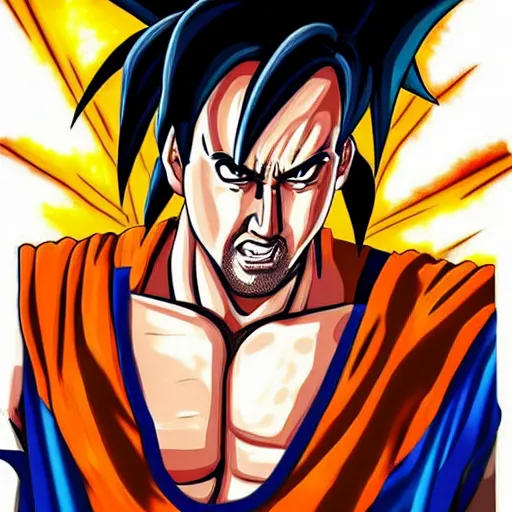 Image similar to nic cage as goku, buff, painted portrait, highly detailed,