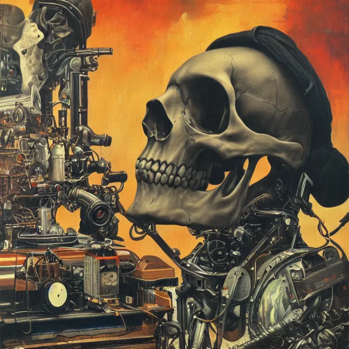 Prompt: pensive skull observing 8 0's era technology, vintage shapes, retro technology, vintage color, wayne barlow, oil on canvas, deep depth of field, masterpiece, cinematic composition, hyperdetailed