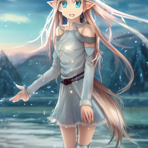 Image similar to a very beautiful anime elf girl, full body, long straight silver hair, sky blue eyes, full round face, short smile, casual clothes, ice snowy lake setting, cinematic lightning, medium shot, mid-shot, highly detailed, trending on Artstation, Unreal Engine 4k, cinematic wallpaper by Stanley Artgerm Lau, WLOP, Rossdraws, James Jean, Andrei Riabovitchev, Marc Simonetti, and Sakimichan