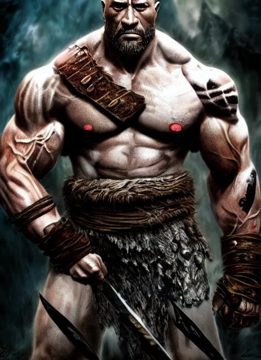 Prompt: a highly detailed beautiful 3 5 mm closeup photo of dwayne johnson kratos hybrid god of war holding a sword and fighting zombies on a pile of human skulls, spartan warrior, olympian god, muscular!, frank frazetta, boris vallejo, action pose, ambient lighting, volumetric lighting, octane, fantasy