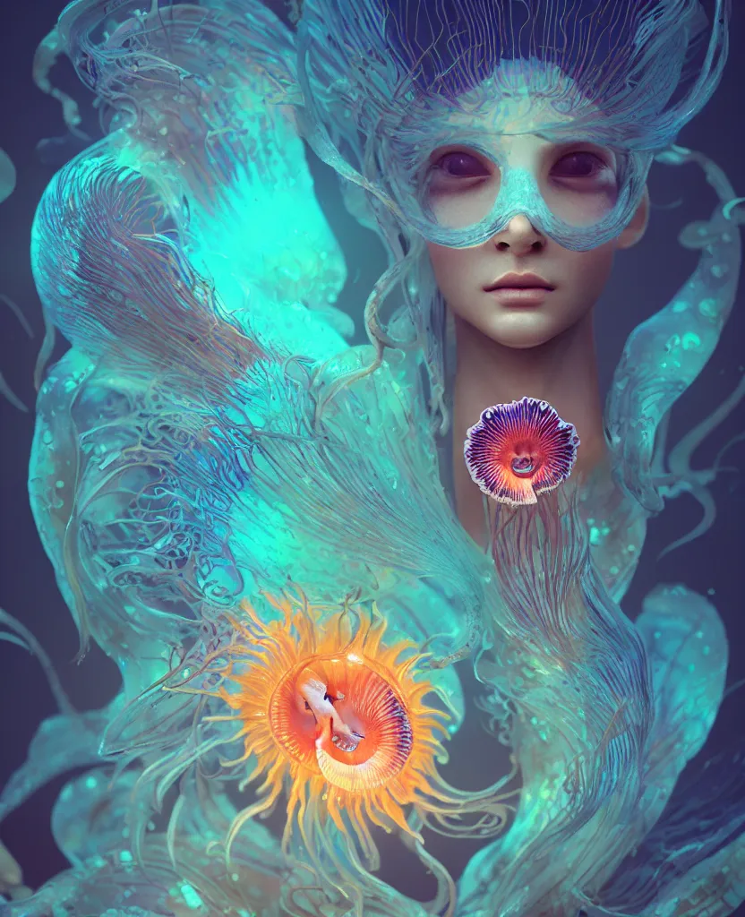 Image similar to goddess close-up portrait. jellyfish phoenix head, nautilus, orchid, skull, betta fish, bioluminiscent creatures, intricate artwork by Tooth Wu and wlop and beeple. octane render, trending on artstation, greg rutkowski very coherent symmetrical artwork. cinematic, hyper realism, high detail, octane render, 8k