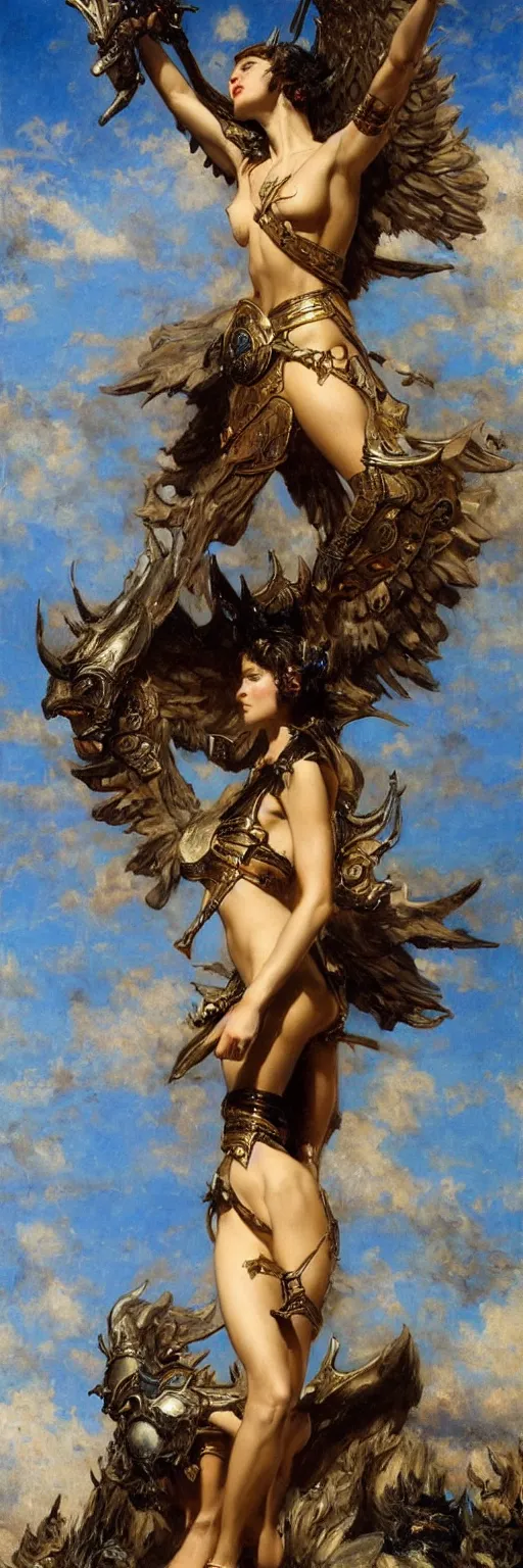 Image similar to a nymph wearing a black armor floating in the sky ready to fight angels, extremely realistic and highly detailed painting by gaston bussiere and j. c. leyendecker 8 k