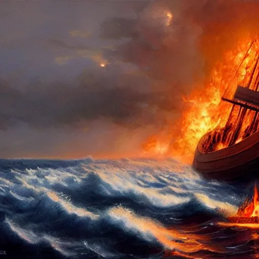 Prompt: Viking longboat on fire in stormy seas by Greg Hildebrandt and greg rutkowski. Epic fantasy artwork