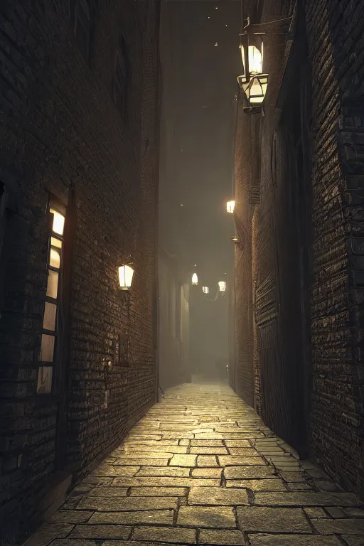 Image similar to old victorian london back alley lit by candles with dark shadows, unreal engine