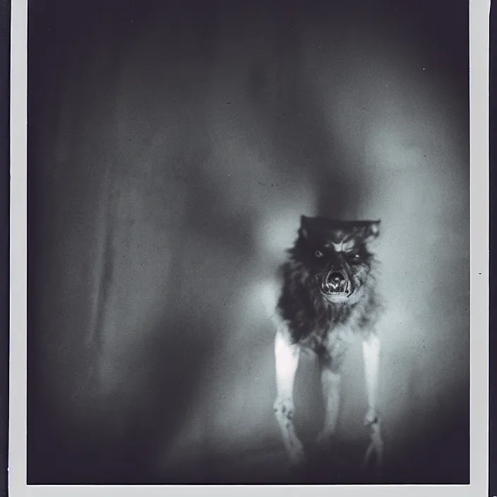 Image similar to a terrifying uncanny werewolf staring right into the camera, polaroid, 3 5 mm, film shot, horror, dark, shadows, creepy