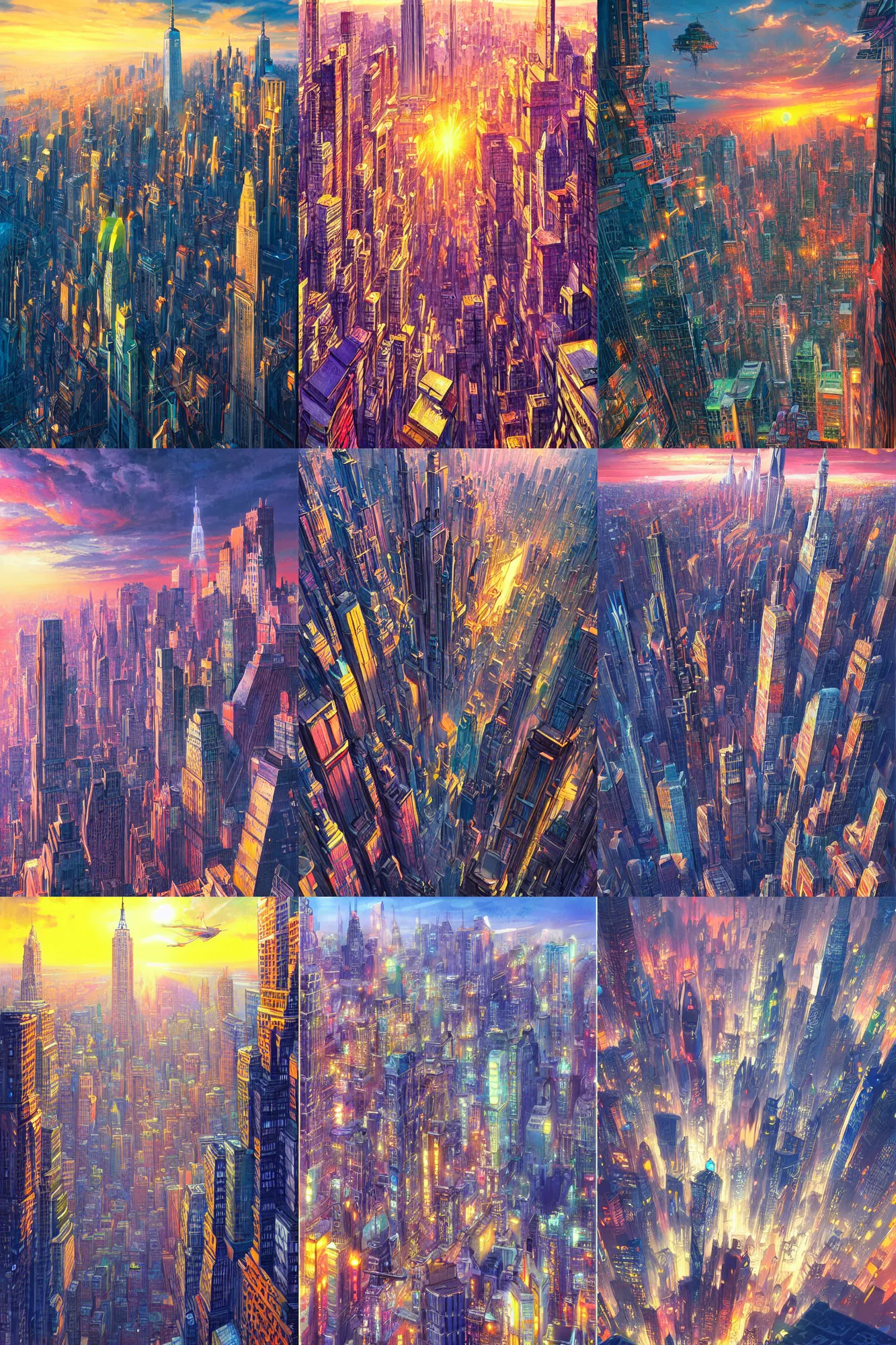 Prompt: colorful futuristic newyork, lots of building, lots of signs, view from the sky, by yoshitaka amano, hiroshi yoshida, ultra detailed, sunset light, digital art, concept art, illustration