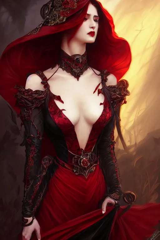 Image similar to Beautiful vampire female princess, black and red silk clothing Full body shot, D&D, fantasy, intricate, elegant, highly detailed, digital painting, artstation, concept art, matte, sharp focus, illustration, hearthstone, art by Artgerm and Greg Rutkowski and Alphonse Mucha