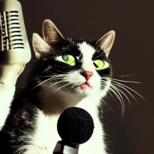 Image similar to a cat holding a mic singing on stage in Broadway, photo