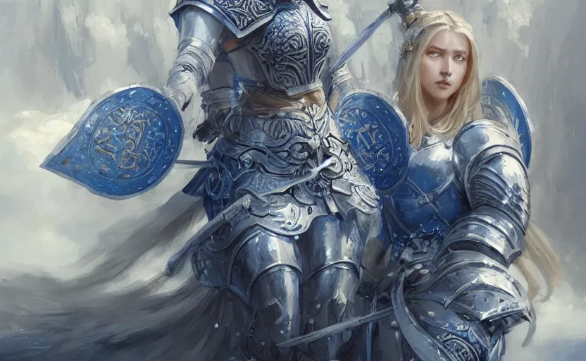 Prompt: young blonde female warrior goddess in heavy blue and white armor, surrounded by knights, epic wallpaper, high fantasy, flowers and trees, intricate detail, digital painting, artstation, concept art, smooth, sharp focus, illustration, art by wlop and greg rutkowski and artgerm and ross tran
