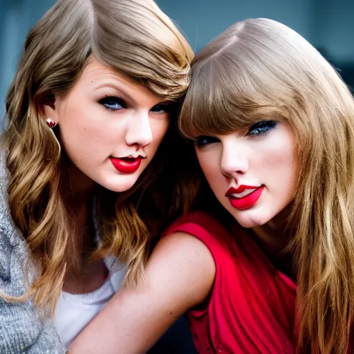 Image similar to A portrait photo of taylor swift teams up with a teenage taylor swift, perfect faces, 50 mm, award winning photography