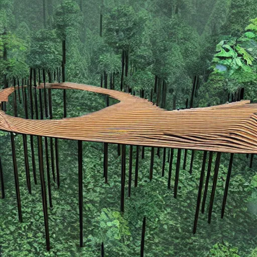 Prompt: timber megastructure in the middle of the jungle, concept art