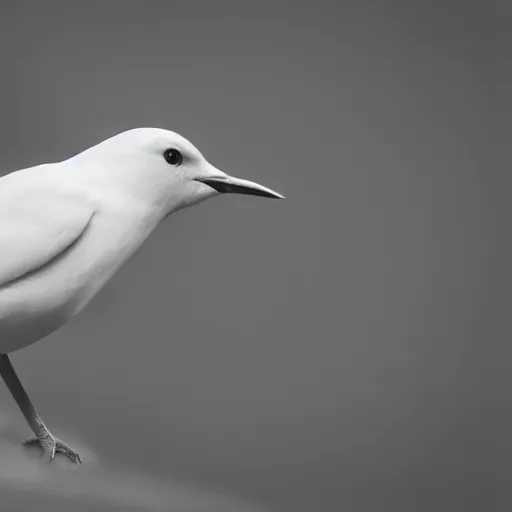 Image similar to a realistic photo of a white bird in a solid black room, high contrast, 8k, film grain, highly detailed