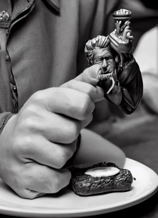 Image similar to Tom Waits eating a miniature Statue of Liberty on a plate in a restaurant, color photograph portrait 4k