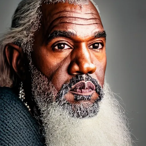 Prompt: the face of gandalf kanye west at 6 6 years old, portrait by julia cameron, chiaroscuro lighting, shallow depth of field, 8 0 mm, f 1. 8