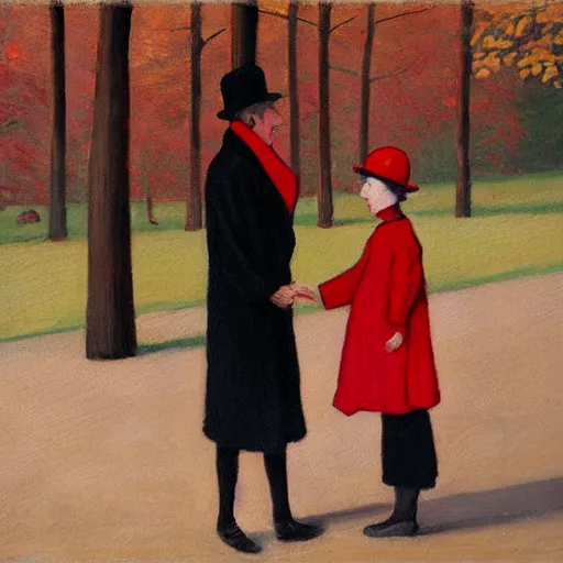 Image similar to A thin man in a black coat and bowler hat talks with small girl who is dressed in a red coat and a red hat, park, autumn, 1923, oil painting style, wide angle, high detail, width 768