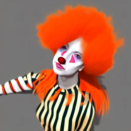 Image similar to a clown wearing orange wig and striped shirt, digital art by hirohiko araki, trending on artstation