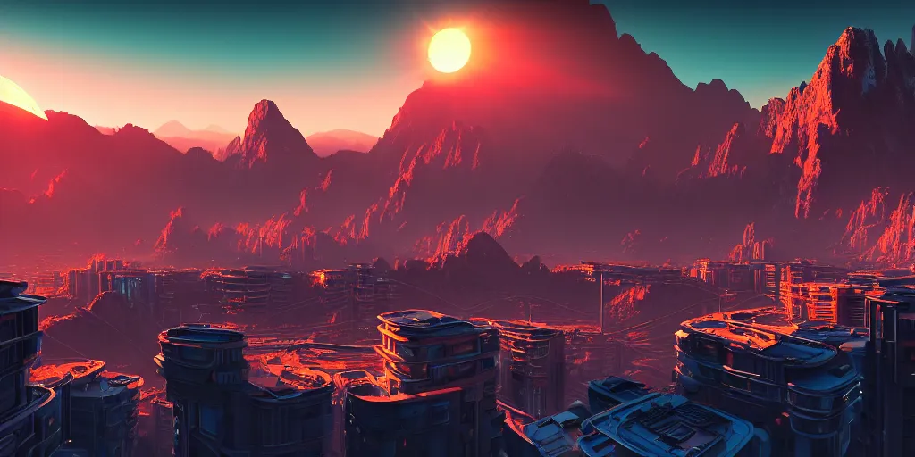 Image similar to beautiful sunset over detailed cyberpunk suburb in a valley surrounded by epic mountains with snowtops, sharp, highly detailed, hyperrealistic, kacper niepokolczycki, syd mead, 4 k, perfect geometry