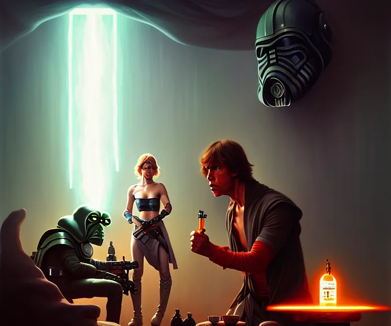 Image similar to grogu meets luke skywalker at the cantina in moss eisley, dramatic lighting, electrical details, high details, 8 k, best, accurate, trending on artstation, photorealism, ultrarealistic, digital painting, style of peter mohrbacher, caravaggio, boris vallejo