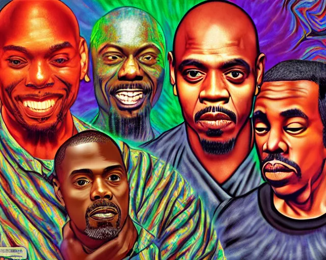 Image similar to A photo of Dave Chappelle, Kayne West, and Jackie Chan doing LSD, By Rainer Hosch, and Alex Grey