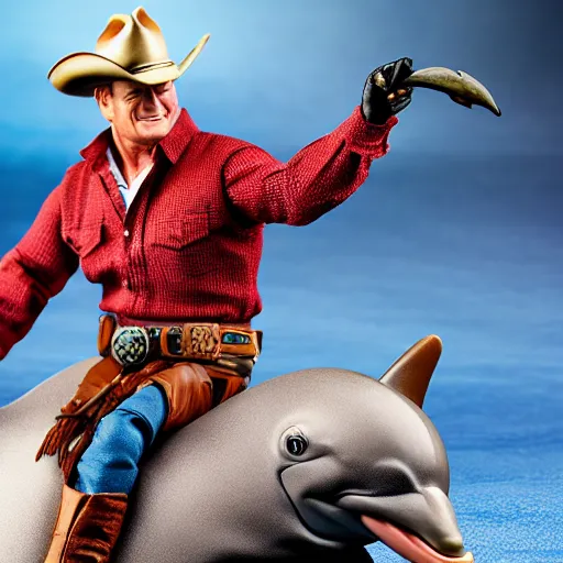 Image similar to john wayne riding a dolphin. action figure by hot toys. studio lighting.