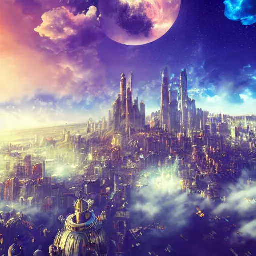 Image similar to cloud city made of multicoloured jewels, fantasy, fluffy clouds, sun rays reflecting off of city, cinematic, octane render, art station, dramatic lighting, beautiful moonlight night, concept art, rococo, photorealistic, intense detail, 8 k
