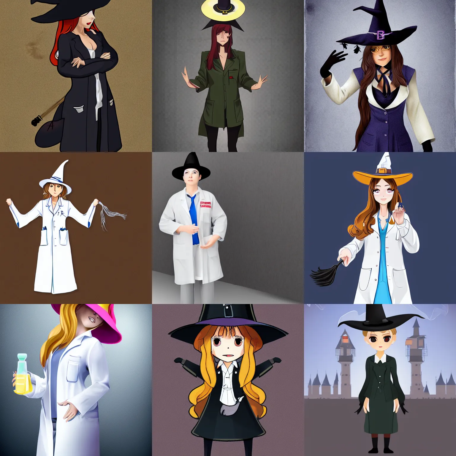 Prompt: high realistic witch full body in labcoat with witch _ hat