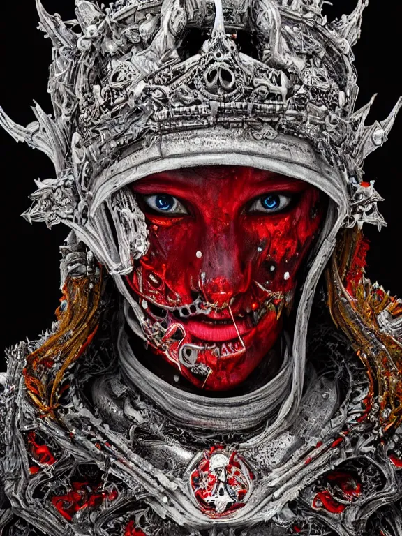 Image similar to portrait art of 8k ultra realistic undead queen,intricate red crown, detailed intricate ornate armour,decaying, cybernetic, full of colour, cinematic lighting, battered, trending on artstation, 4k, hyperrealistic, focused, extreme details,unreal engine 5, cinematic, masterpiece, art by ayami kojima, giger